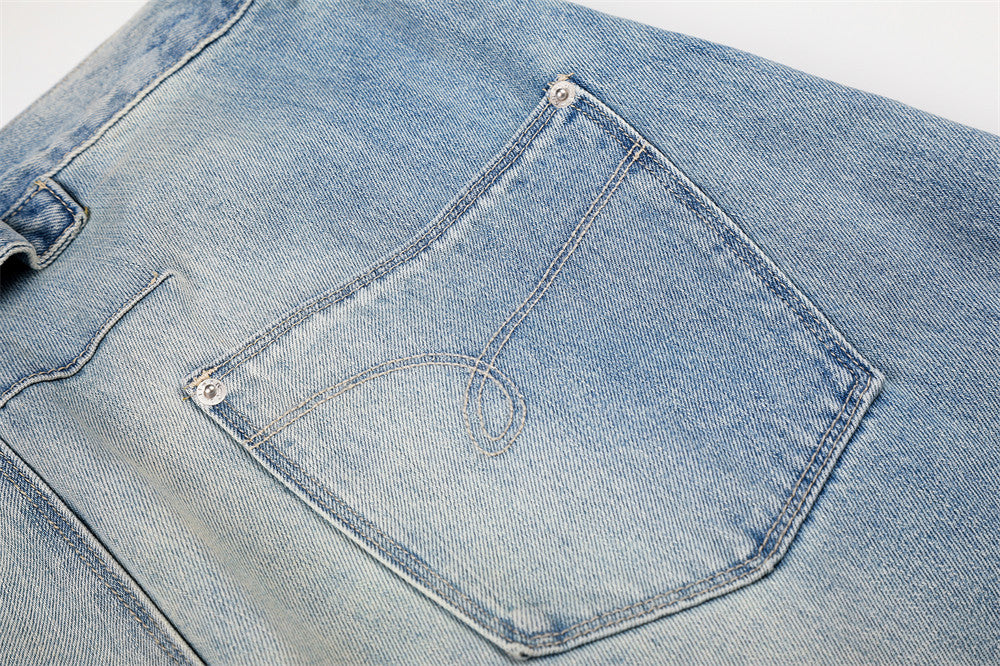 Barrel Leg Jeans Vintage Washed Wide-Leg Denim Pants with Pocket Detail