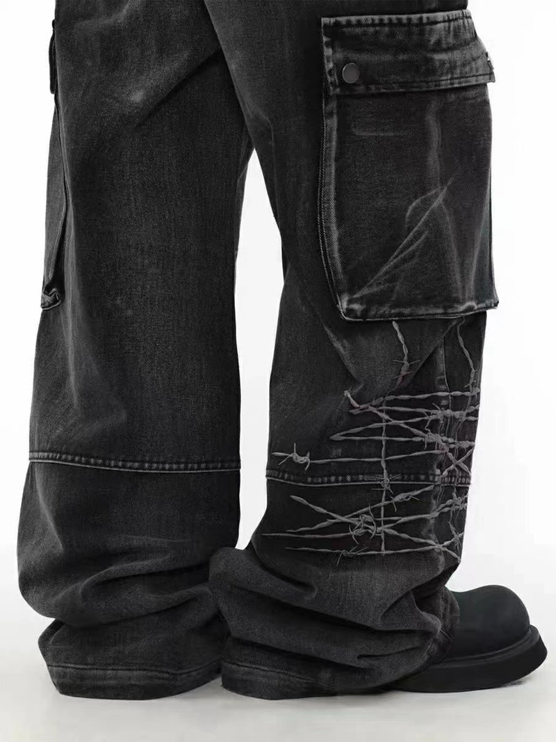 Wide-Leg Cargo Jeans with Barbed Wire Embroidery – Baggy Streetwear Denim