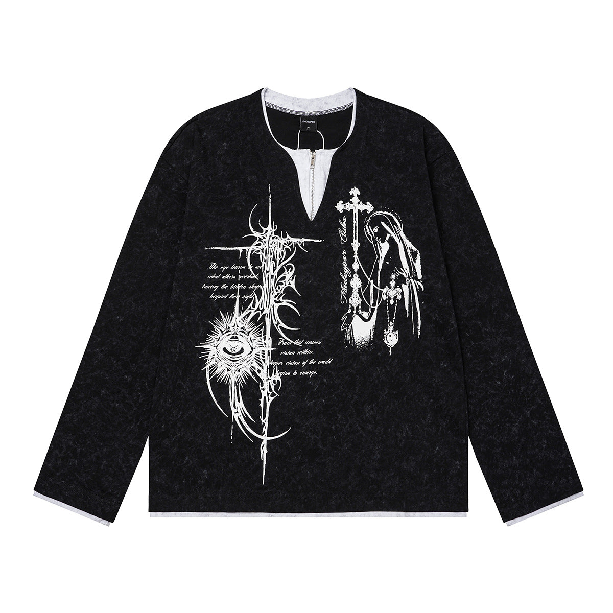 Oversized gothic graphic long-sleeve shirt with religious print and zip neckline in washed black