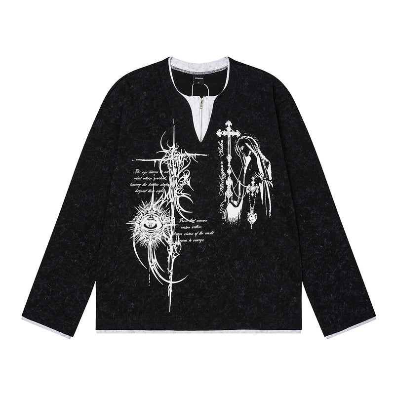 Oversized gothic graphic long-sleeve shirt with religious print and zip neckline in washed black
