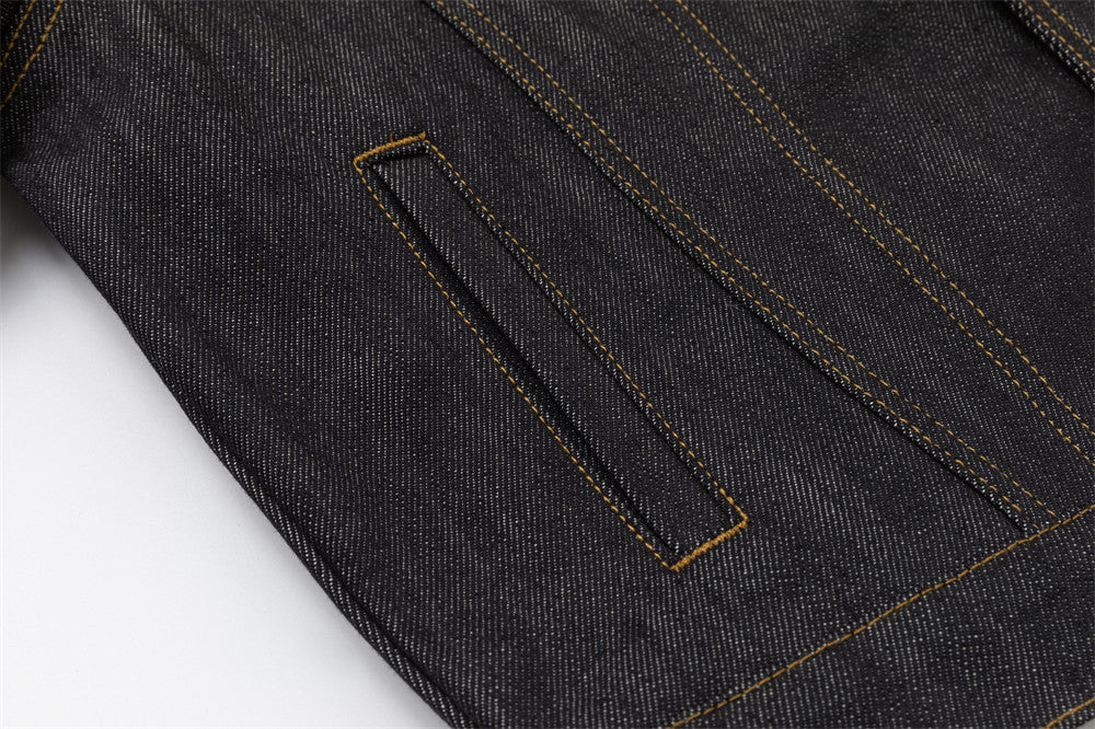 Men's Black Jean Jacket – Stand Collar, Asymmetric Placket & Cropped Silhouette