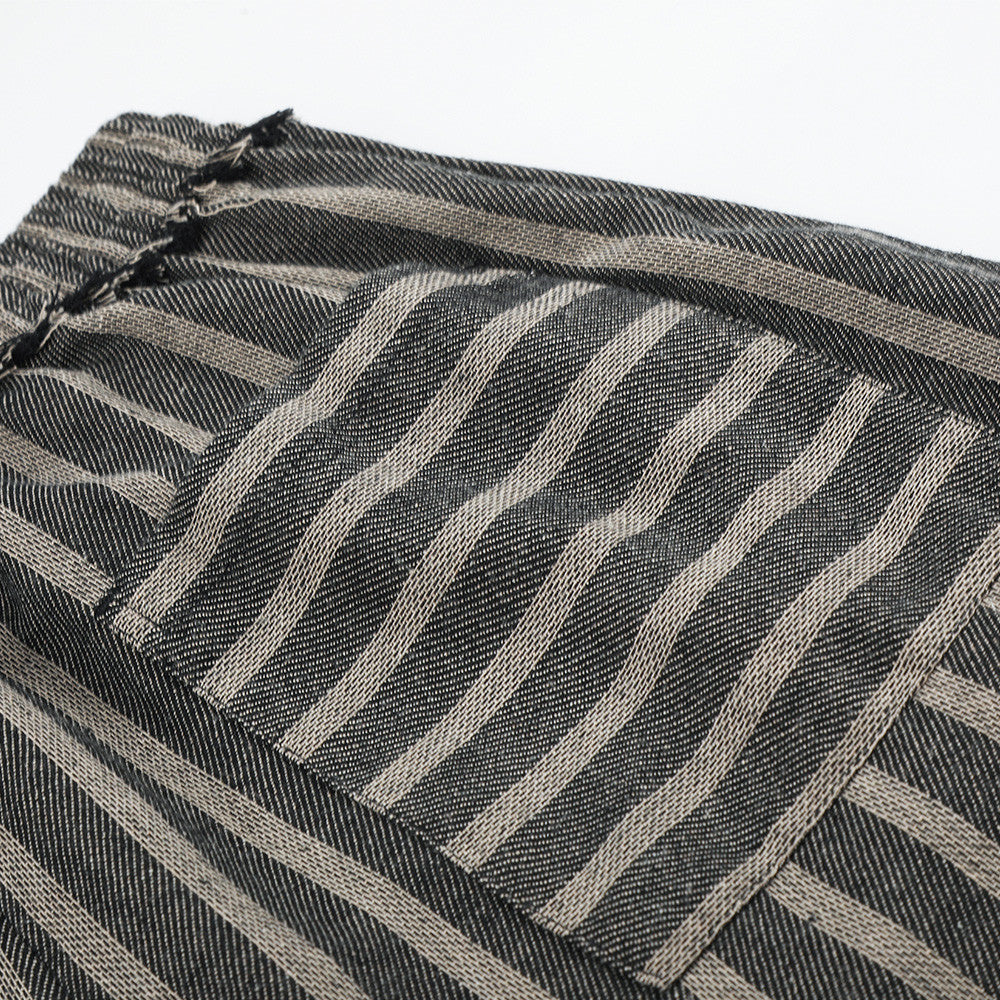 Wide-Leg Striped Drawstring Pants – Vintage Distressed Raw-Hem