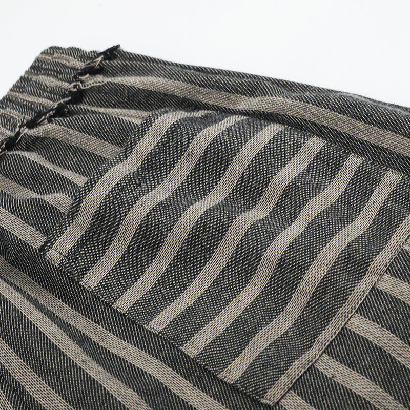 Wide-Leg Striped Drawstring Pants – Vintage Distressed Raw-Hem