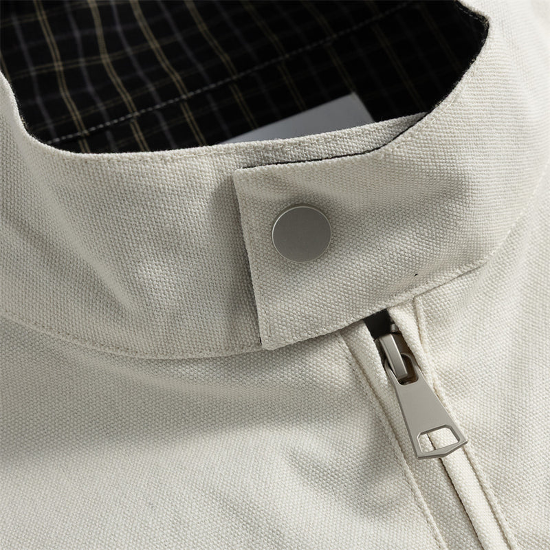Men's Heavyweight Washed Cotton Harrington Jacket with Stand Collar & Zip