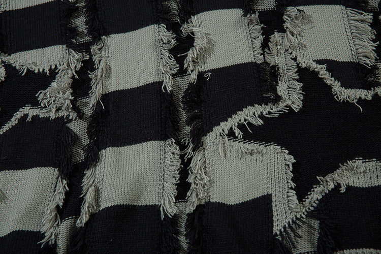 Pull oversize en maille rayée à étoiles délavée – Col rond à franges