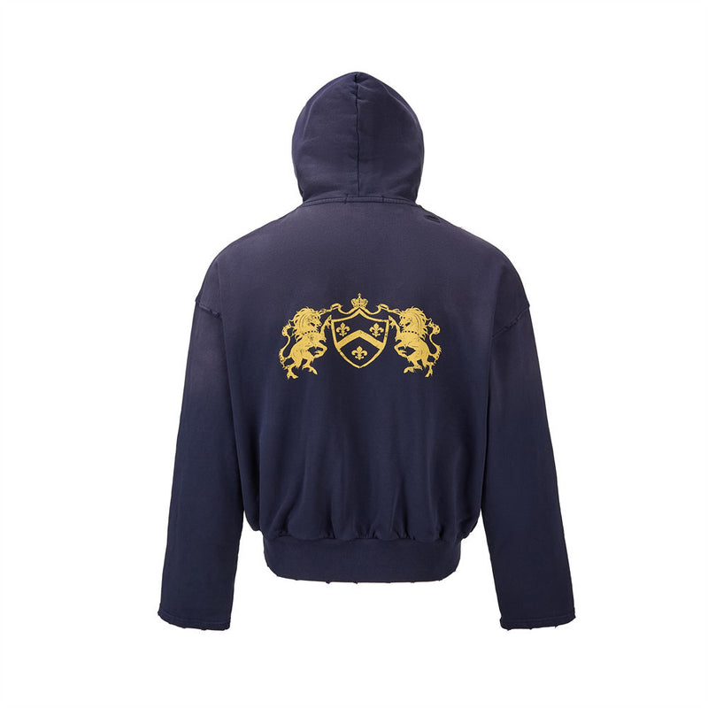 Oversized Zip-Up Hoodie Men — Distressed Heraldic Embroidery, Cropped Bomber Fit