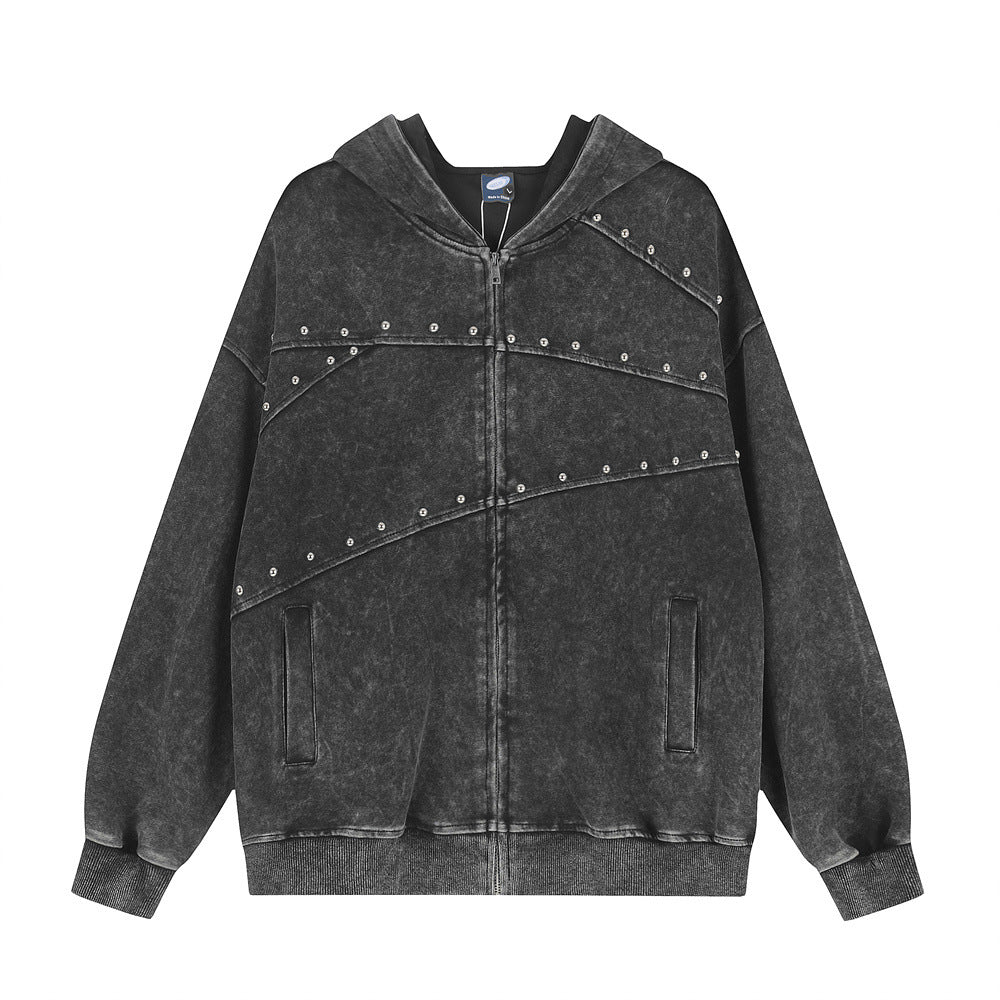 Oversized zip-up hoodie with silver studded seam detail in acid-wash charcoal, front view