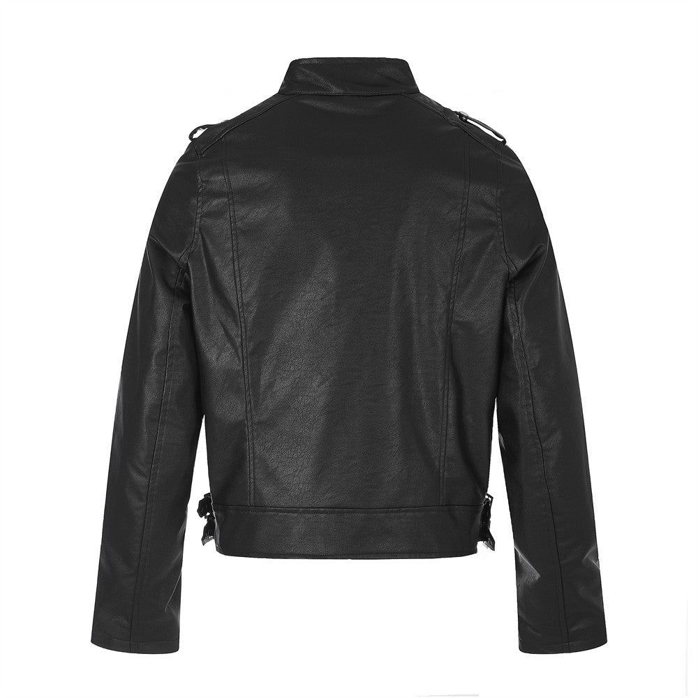 Men's Moto Leather Jacket – Double-Breasted Studded Stand Collar with Zip Cuffs