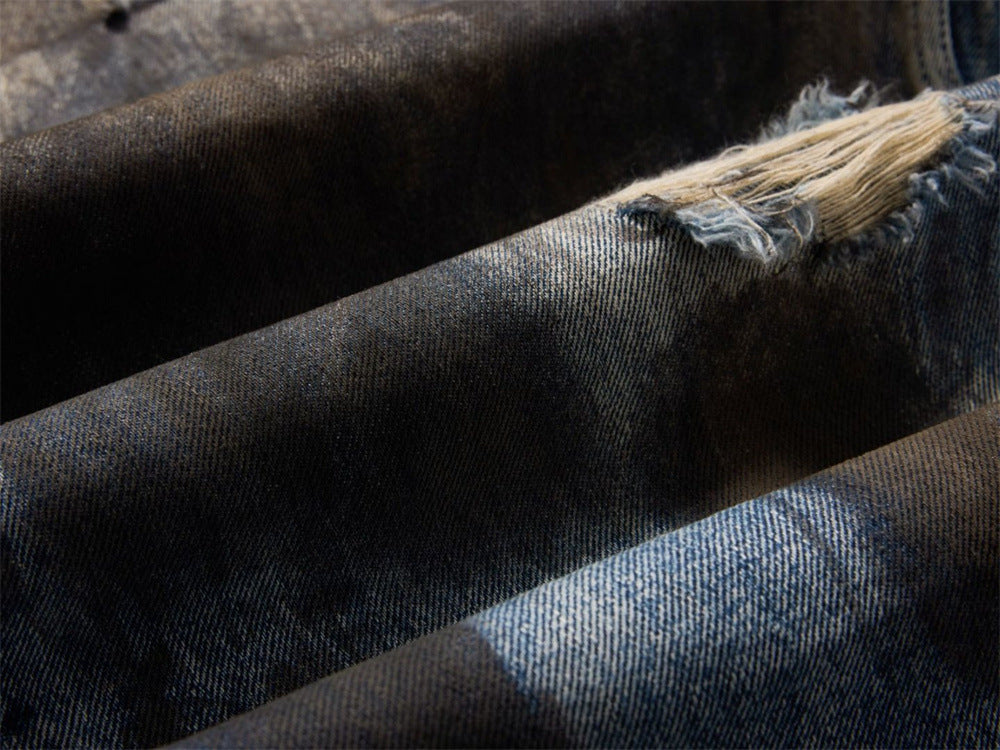 Wide-Leg Distressed Jeans – Dirty Wash Tie-Dye Ripped Denim, Relaxed Fit