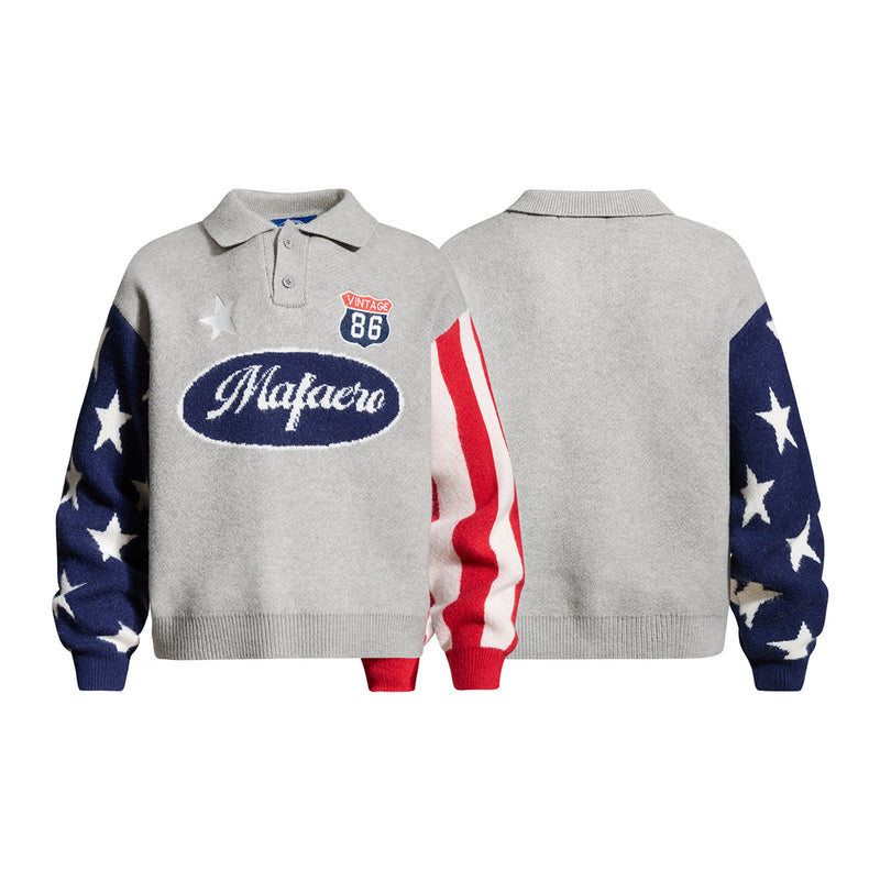 Mafareo Vintage 86 American Flag Polo Collar Knit Sweater – Stars & Stripes