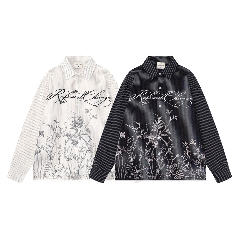 Striped Long Sleeve Shirt Men — Botanical Line Art Print, Relaxed Fit
