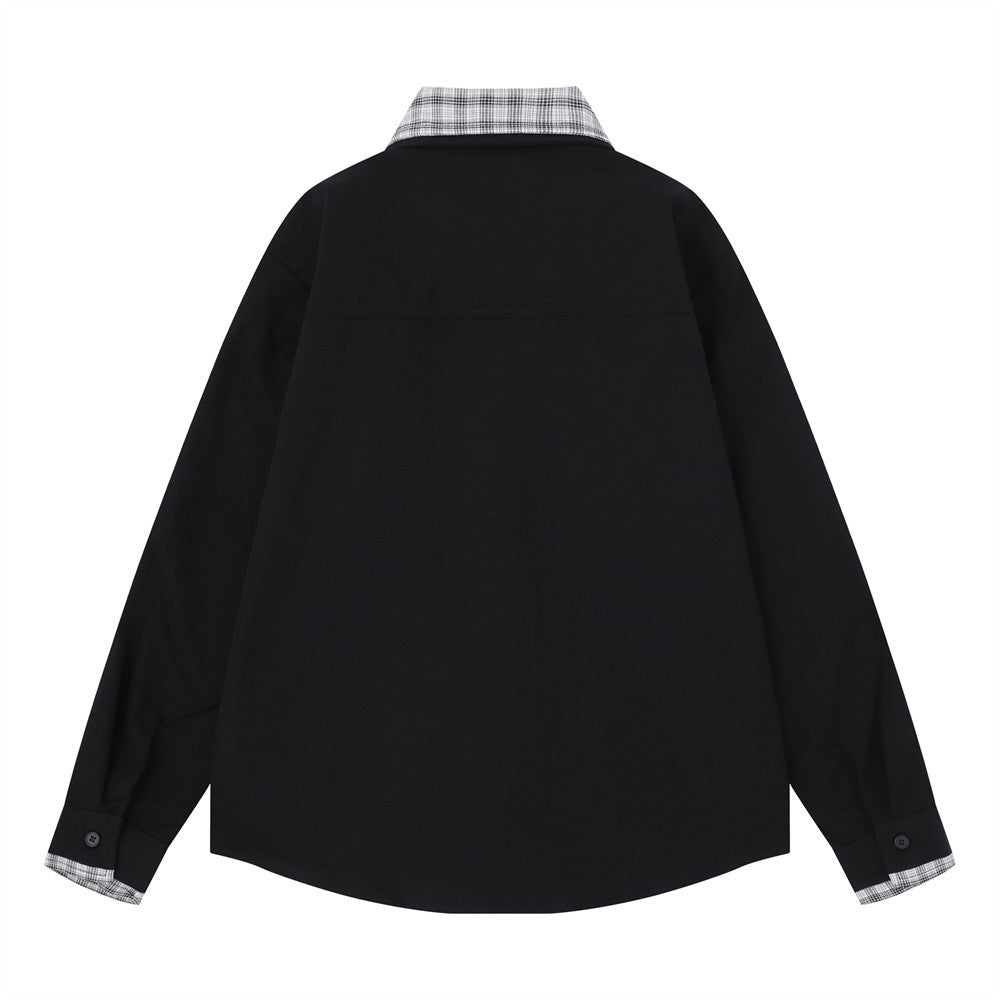 Men's Faux Two-Piece Plaid Collar Long Sleeve Shirt – Double-Layer Spliced