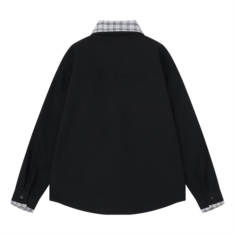 Men's Faux Two-Piece Plaid Collar Long Sleeve Shirt – Double-Layer Spliced