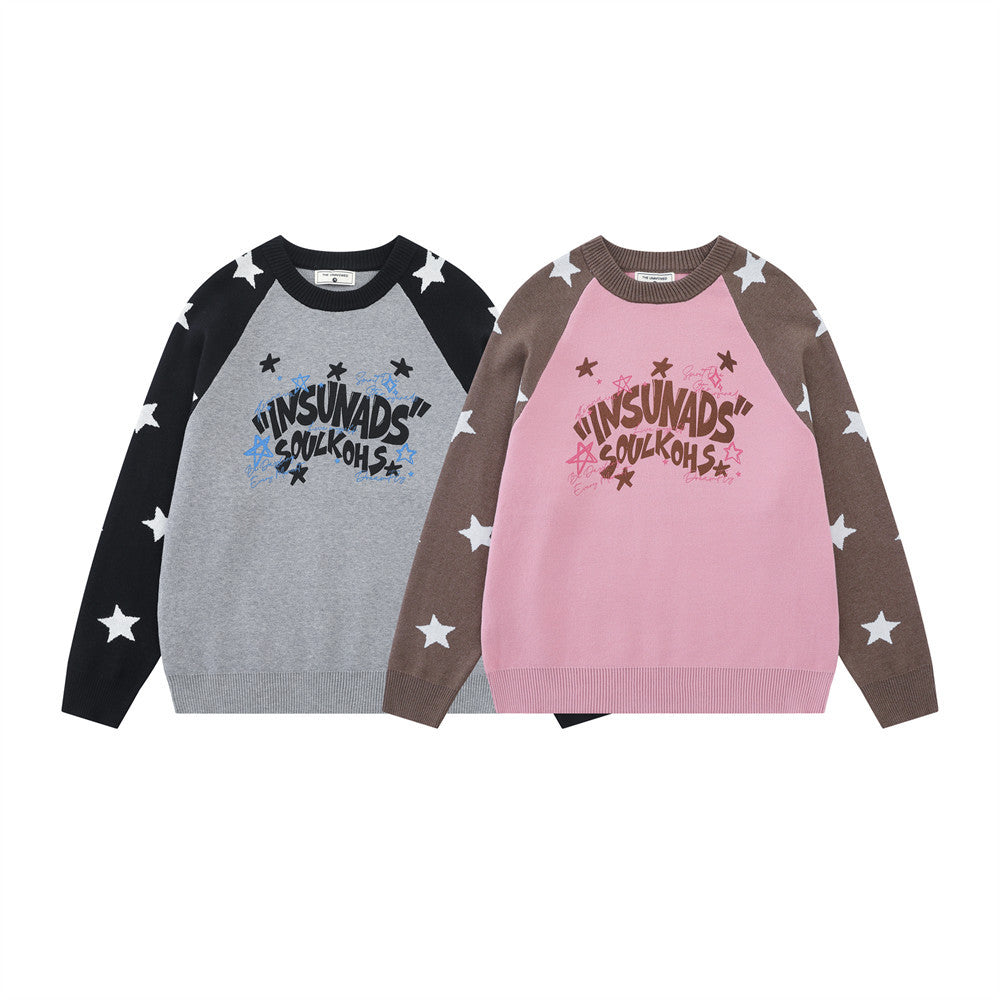 Long Sleeve Sweater Men Star Colorblock Raglan Crew Neck Knit Pullover