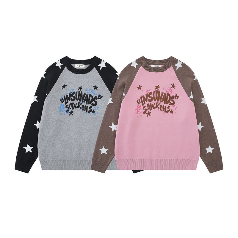 Long Sleeve Sweater Men Star Colorblock Raglan Crew Neck Knit Pullover