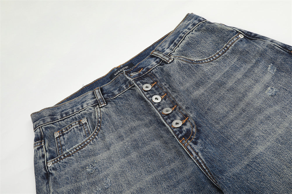 Wide-Leg Jeans Button-Fly Vintage Washed Distressed Denim