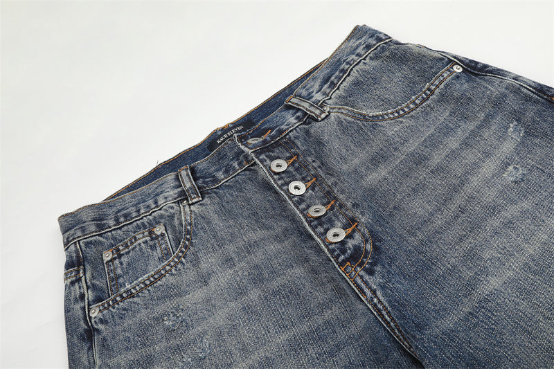 Wide-Leg Jeans Button-Fly Vintage Washed Distressed Denim