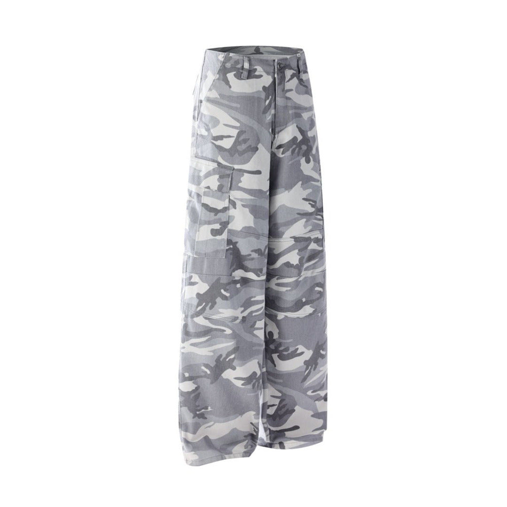 Mens Baggy Cargo Jeans Wide Leg White Camo Pants