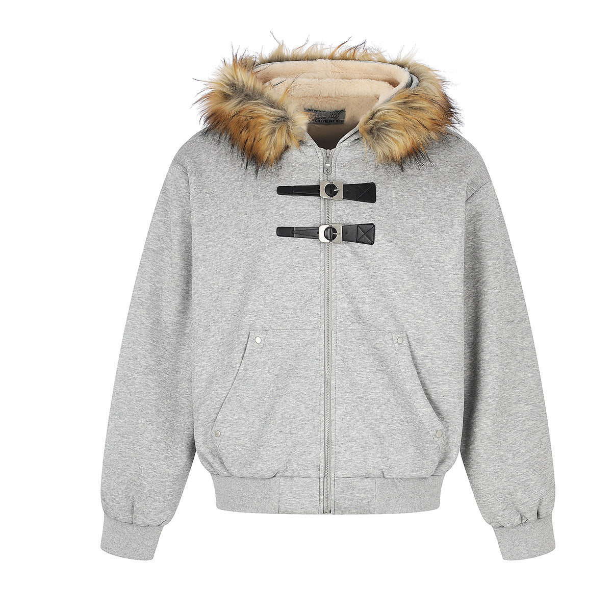 Oversized hooded zip jacket with faux fur trim hood, sherpa lining, and double buckle chest detail in heather grey