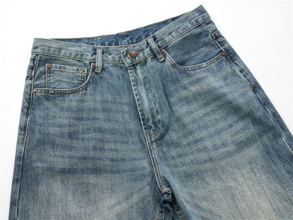 Wide-Leg Washed Vintage Blue Jeans – Men's Relaxed Straight Denim