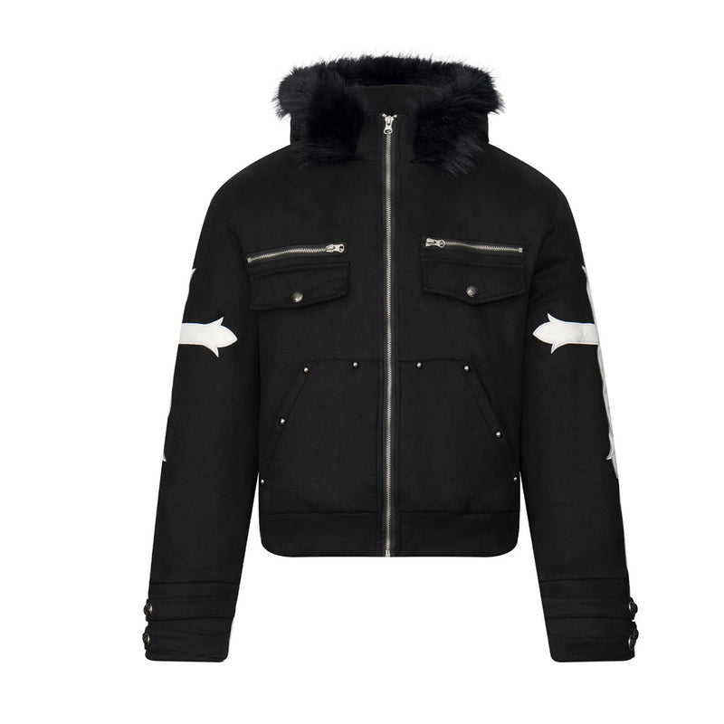 Black Fur-Trim Hooded Bomber Jacket with Arrow Appliqué Sleeves