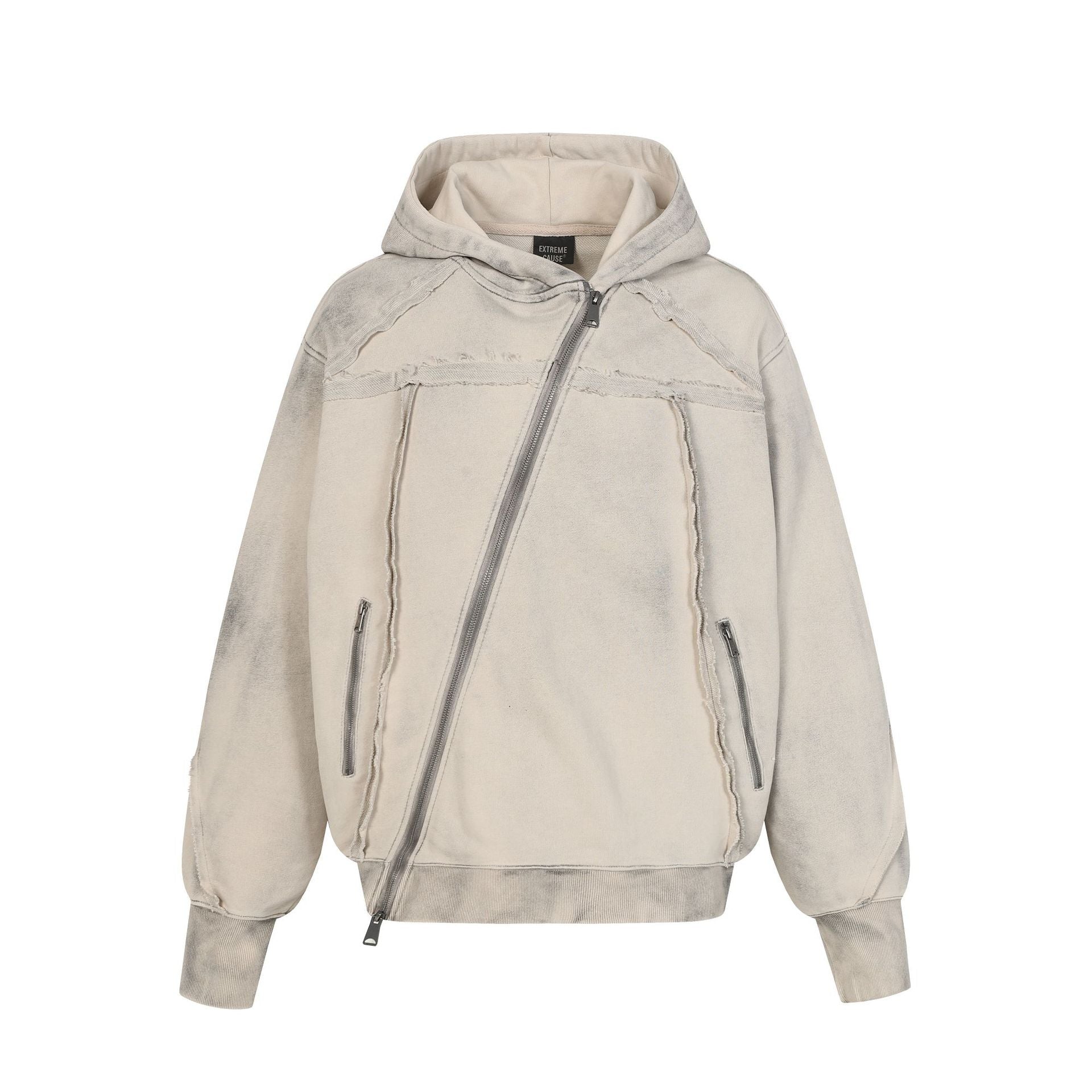 Oversized deconstructed asymmetric zip hoodie in grey almond washed finish with raw-edge seam detailing, front view
