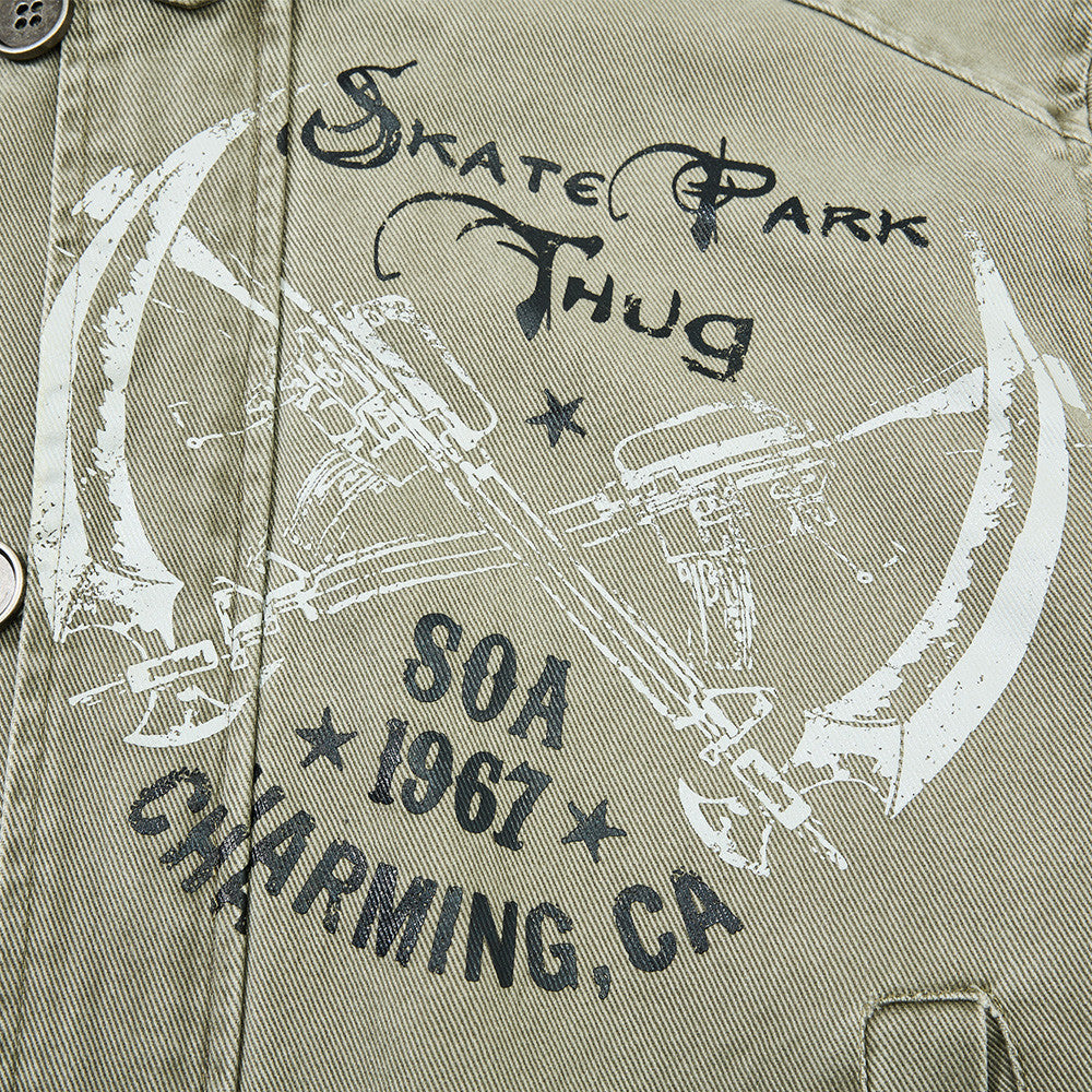 Men's Canvas Work Jacket – Vintage Punk Distressed Stand Collar with Scythe