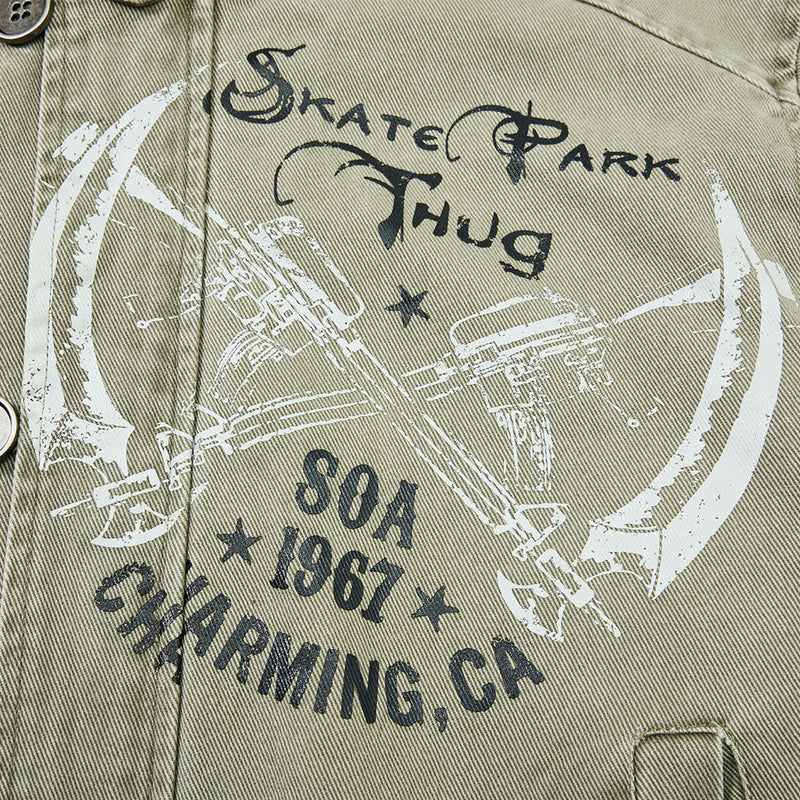 Men's Canvas Work Jacket – Vintage Punk Distressed Stand Collar with Scythe