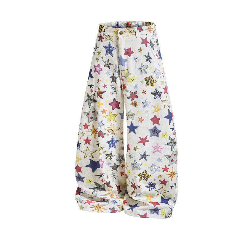 Wide-Leg Baggy Pants – All-Over Colorful Star Print, High Waist