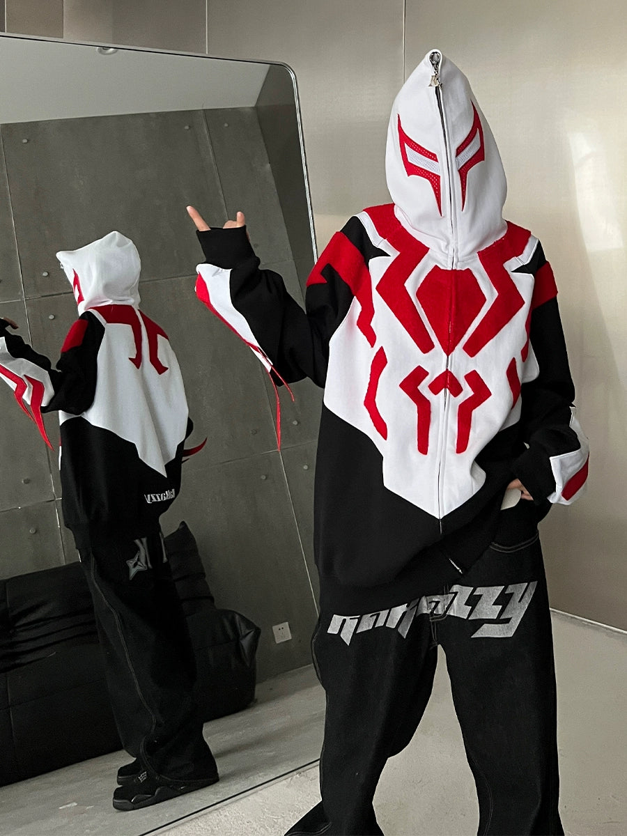 Superhero-Inspired Hoodie - 400GSM Oversized Black, Red, and White Zip-Up Streetwear Sweatshirt