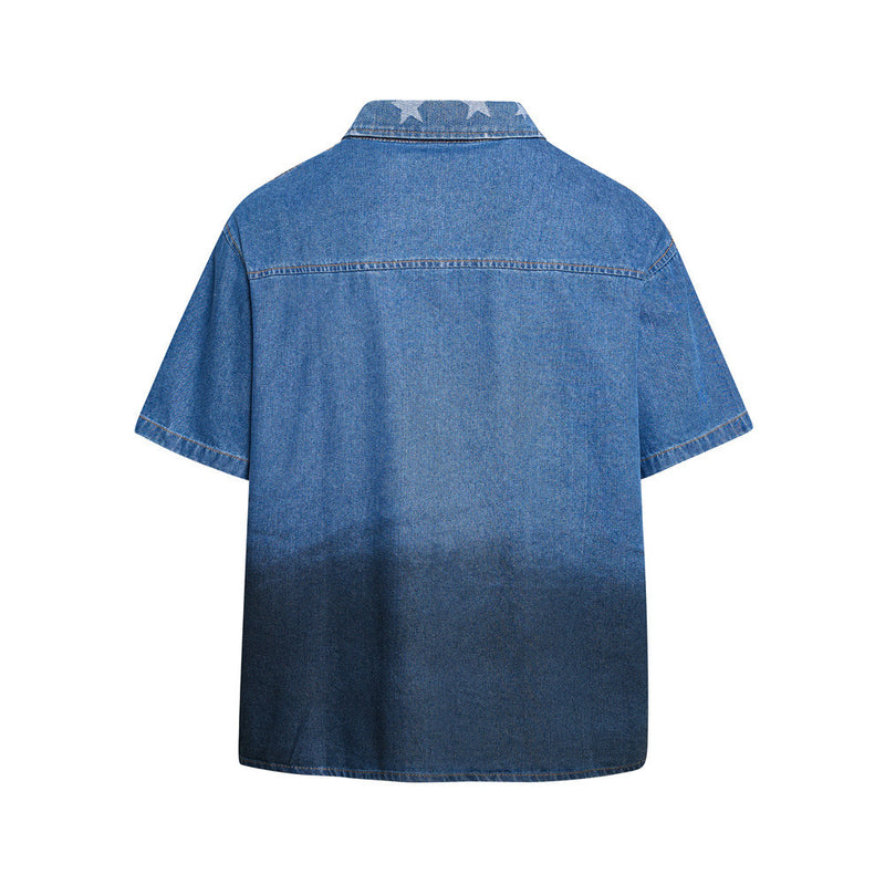 Denim Short-Sleeve Shirt – Punk Varsity Graphic Embroidery, Gradient Wash