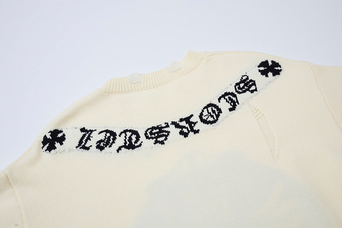 Crew Neck Knit Sweater Gothic Cross Distressed Hem Streetwear