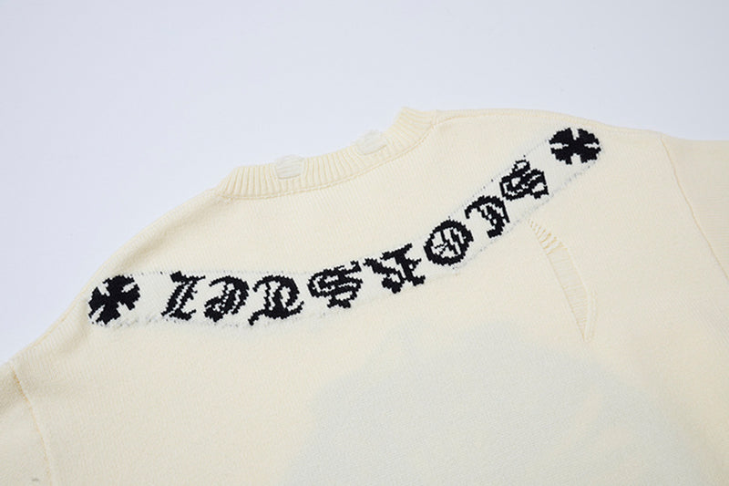 Crew Neck Knit Sweater Gothic Cross Distressed Hem Streetwear