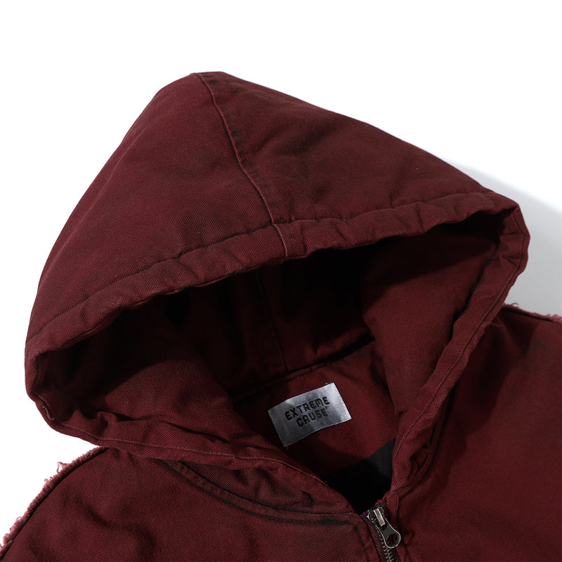 Oversized Hooded Puffer Jacket – Distressed Raw-Edge Washed Streetwear Cotton