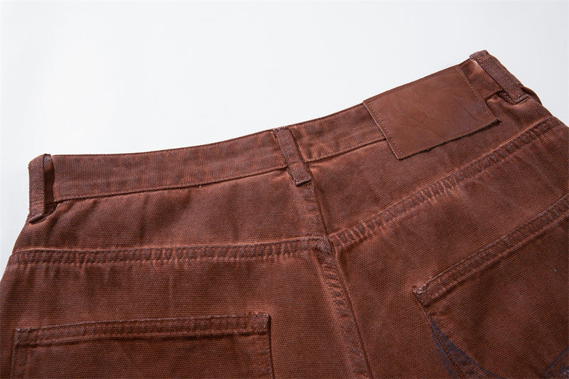 Wide-Leg Cargo Pants – Washed Brown Bird Print, Baggy Fit