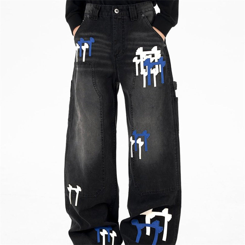 Black Washed Wide-Leg Cargo Jeans with Cross Embroidery Patches