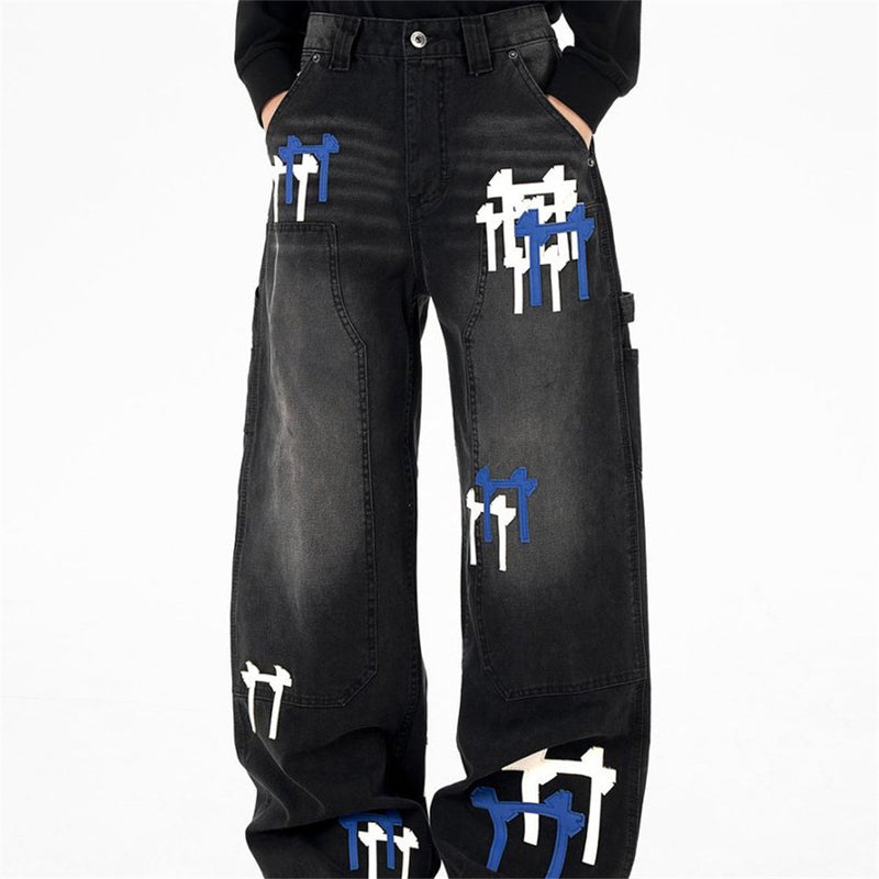 Black Washed Wide-Leg Cargo Jeans with Cross Embroidery Patches
