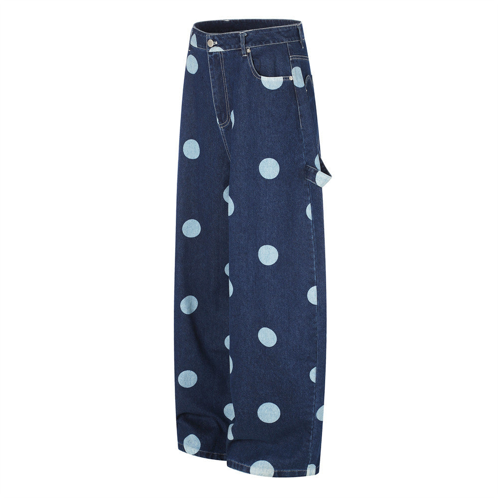 Side view of dark blue wide-leg jeans with light blue polka dots