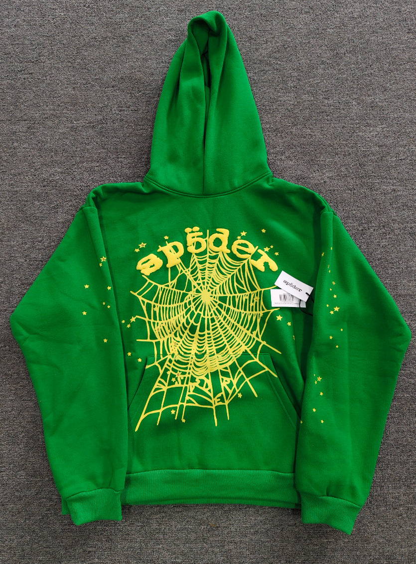Sp5der Web Hoodie – Emerald Green &amp; Yellow 440GSM Heavyweight Oversized Streetwear Pullover