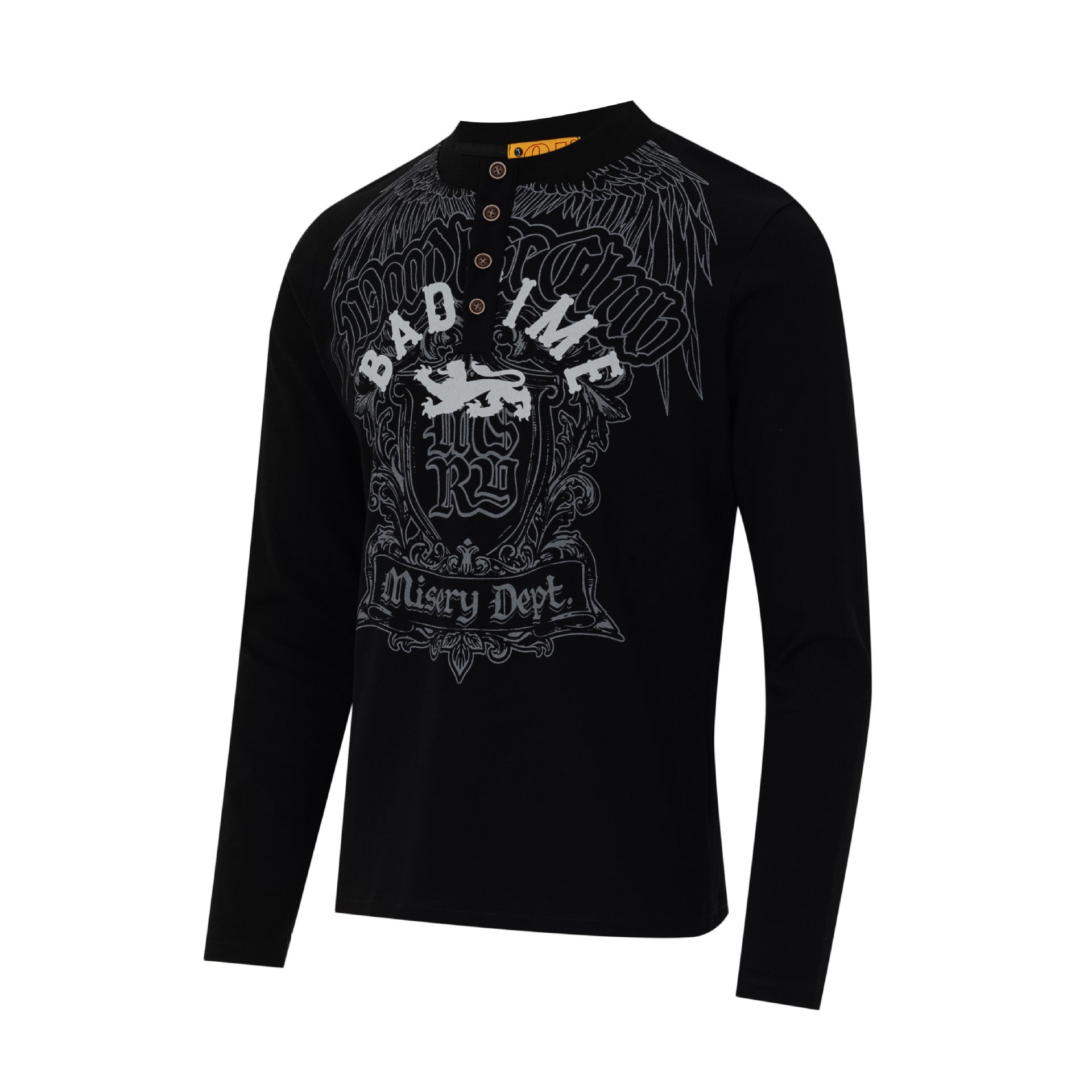 Herren-Langarm-Henley-Shirt mit Gothic-Graphic – Vintage-American-Streetwear-T-Shirt