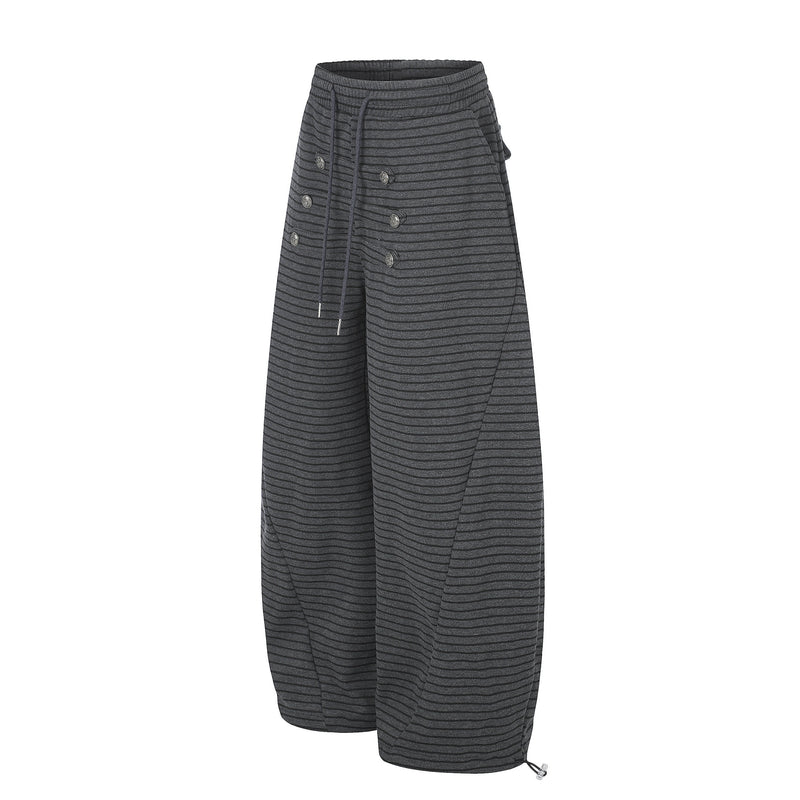 Wide-Leg Striped Sweatpants with Double-Button Detail & Drawstring Waist