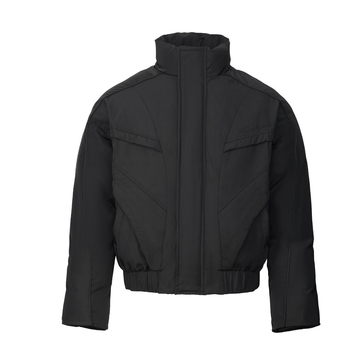 Men's Cropped Puffer Bomber Jacket – Stand Collar, Geometric Seam Detail