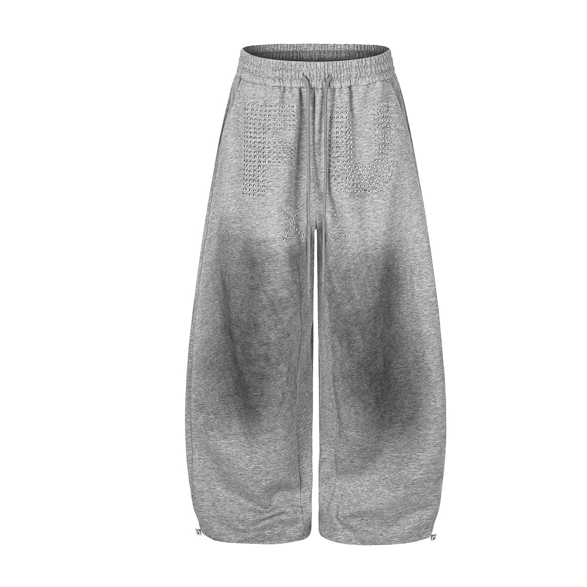 Pantalon de survêtement à jambes larges avec motif FU en strass et délavage vintage