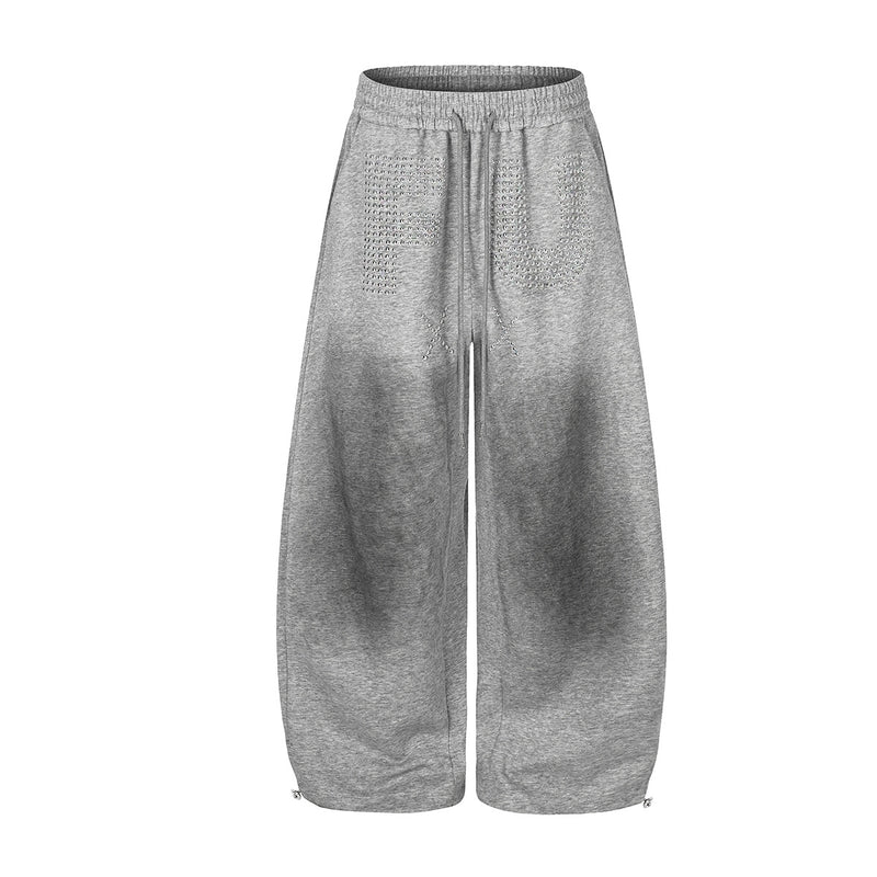 Pantalon de survêtement à jambes larges avec motif FU en strass et délavage vintage