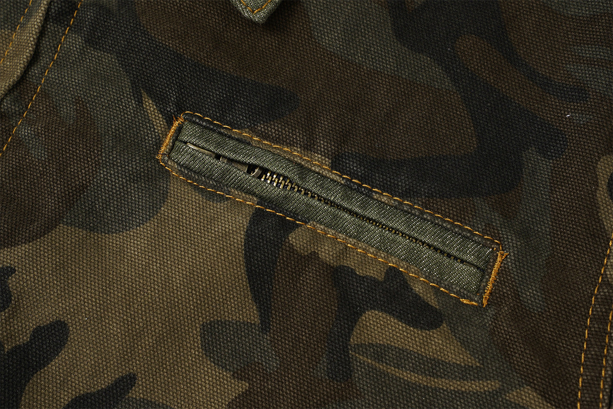Veste de travail zippée en toile camouflage avec col en velours côtelé