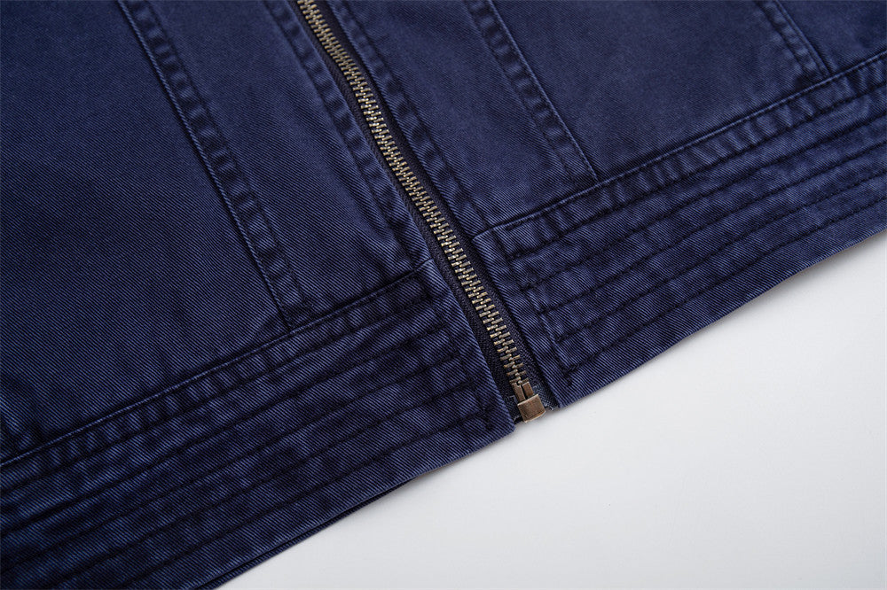 Men's Vintage Washed Stand-Collar Zip Jacket with Deconstructed Panel Seaming