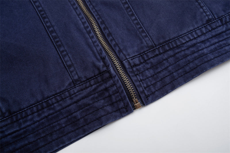 Men's Vintage Washed Stand-Collar Zip Jacket with Deconstructed Panel Seaming