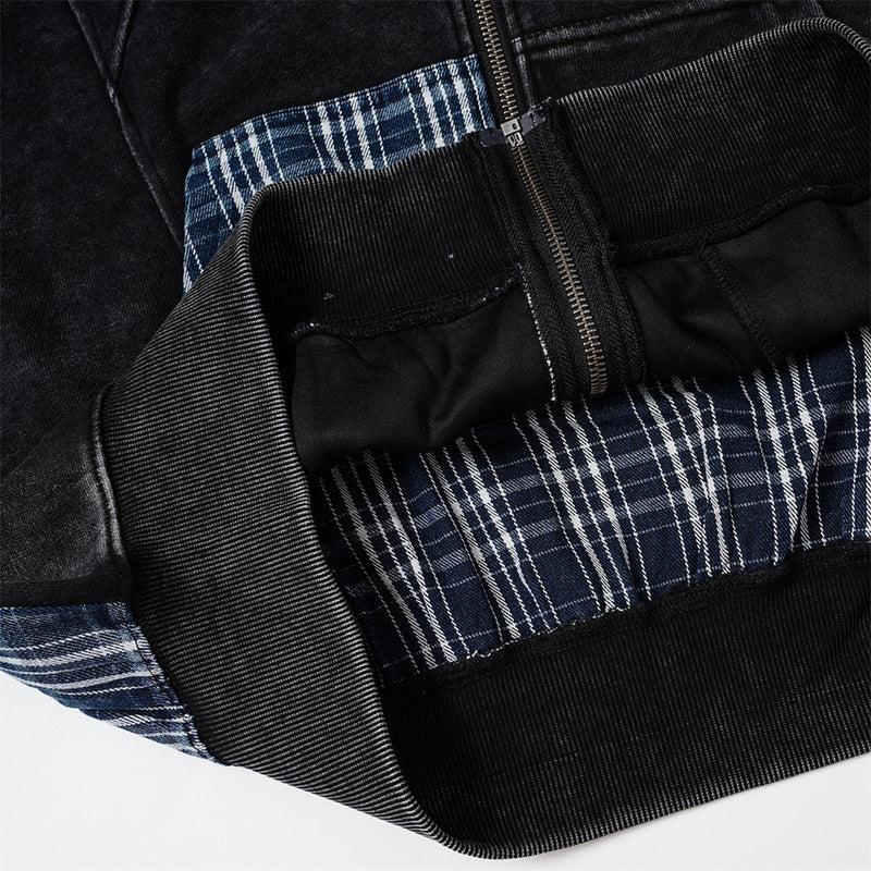Veste hoodie zippée à patchwork écossais – Coupe oversize délavée et déconstruite