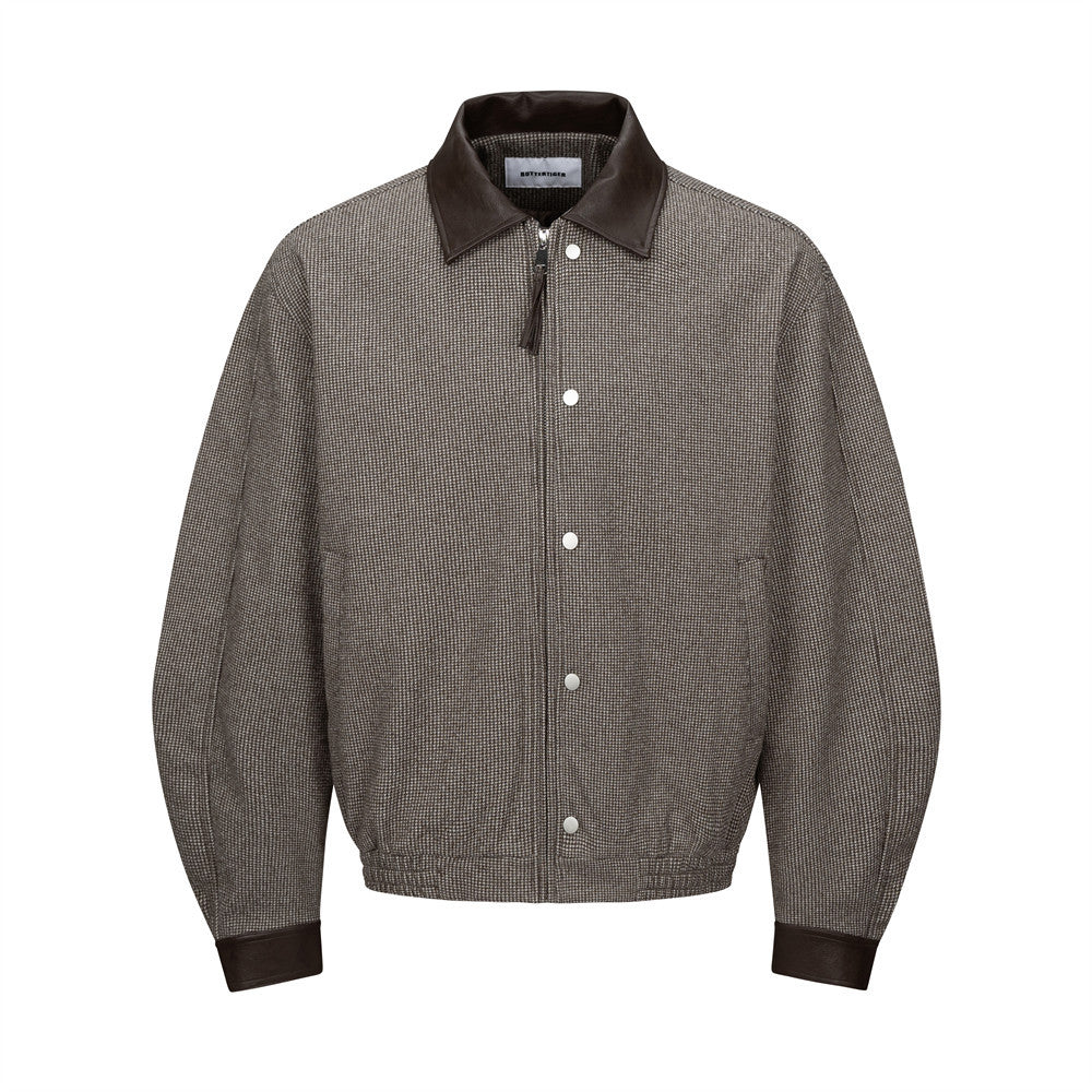 Men's Houndstooth Wool-Blend Bomber Jacket with Leather Collar & Cuffs