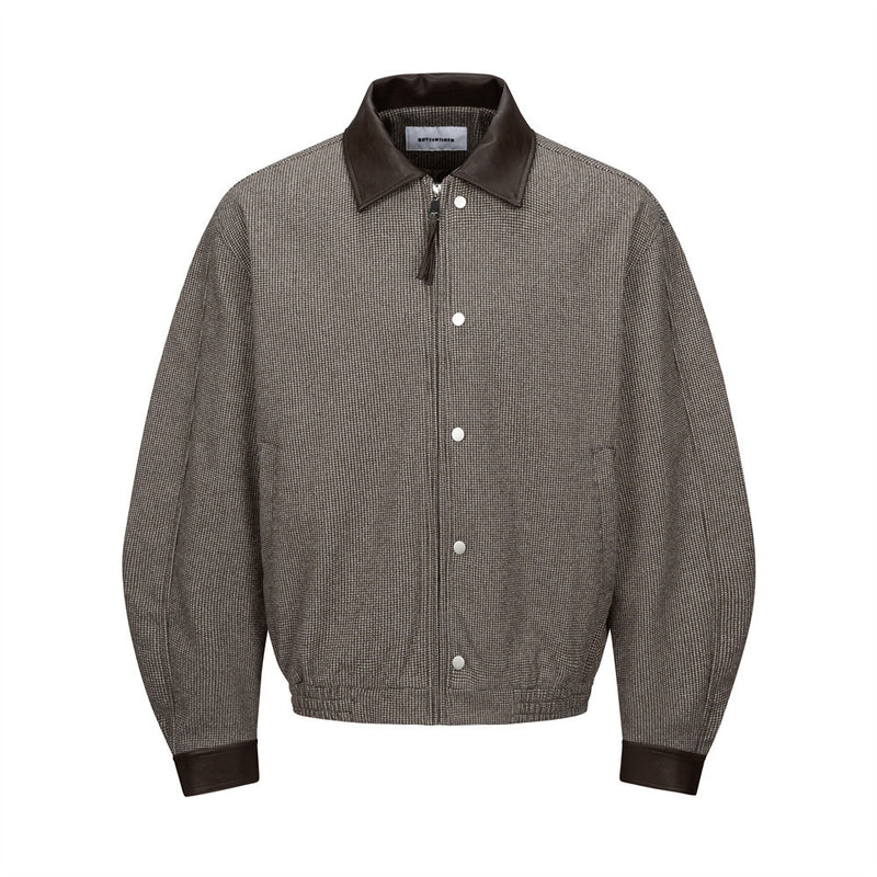 Men's Houndstooth Wool-Blend Bomber Jacket with Leather Collar & Cuffs